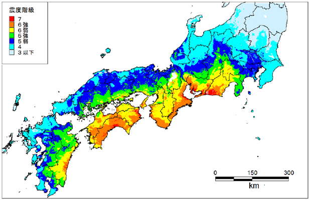 南海トラフ地震の震度分布図